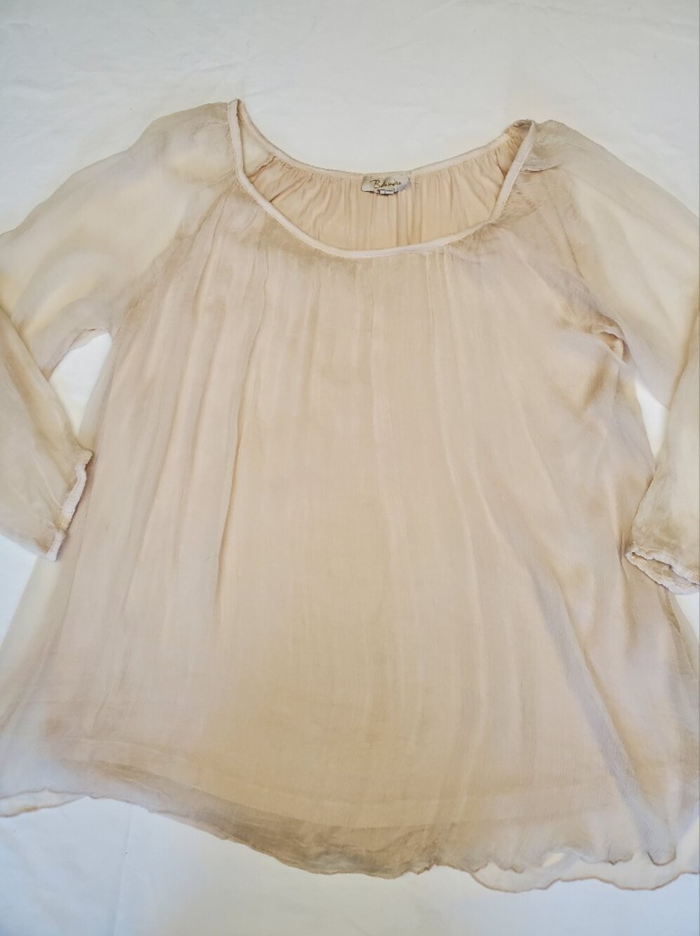 Bellambra Italy Silk Crinkle Chiffon Layered Tunic Top Nude Blush Boho L